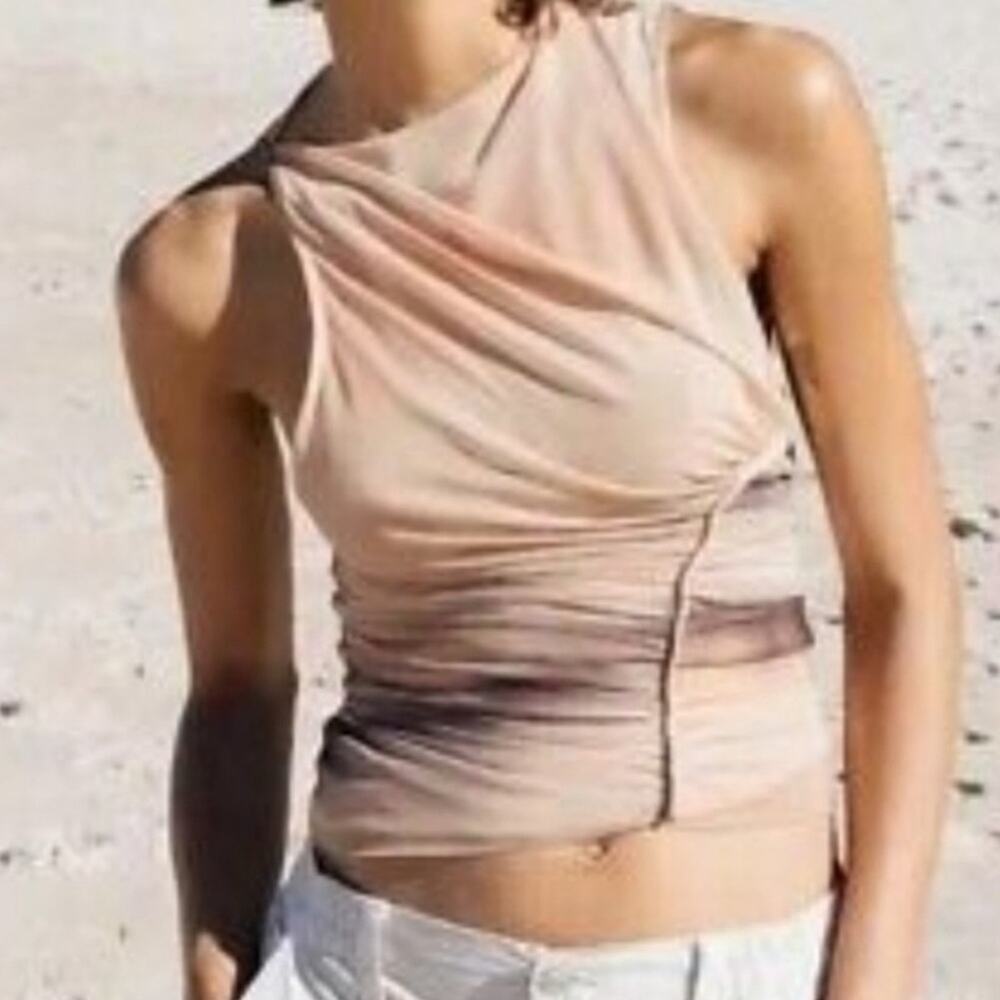 Zara Womens Asymmetrical Ruched Mesh Tank Tie Dye Tan Gray Size S - Picture 4 of 5
